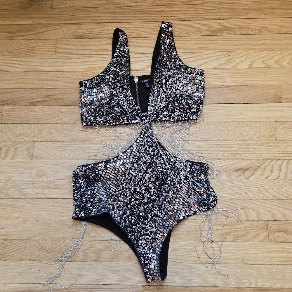Nasty Gal Black Sequin Cutout Bodysuit